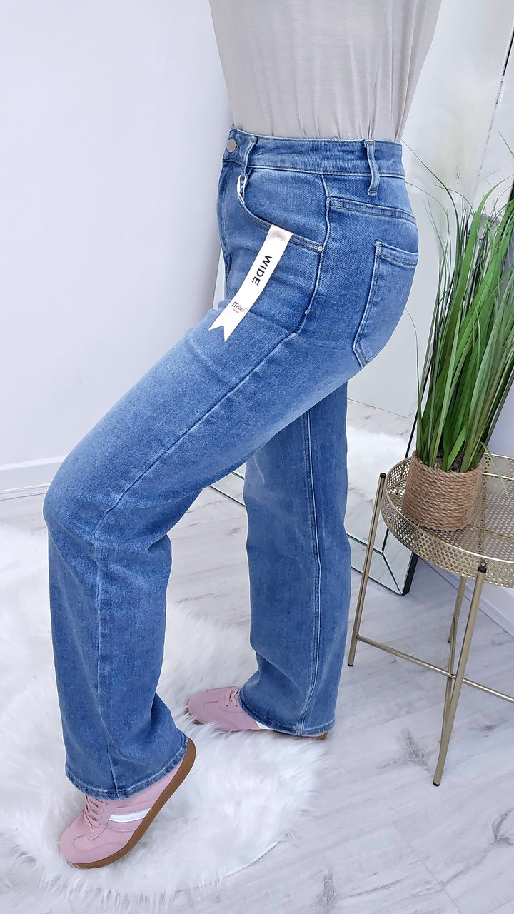 Milas Acid Wash Wide Leg Jeans - Mid Wash (choose your Size)