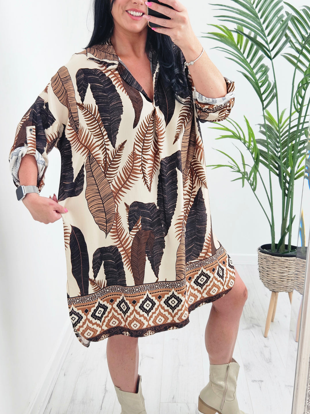 Laura Leaf Print Dress (choose your Colour) - Curvy