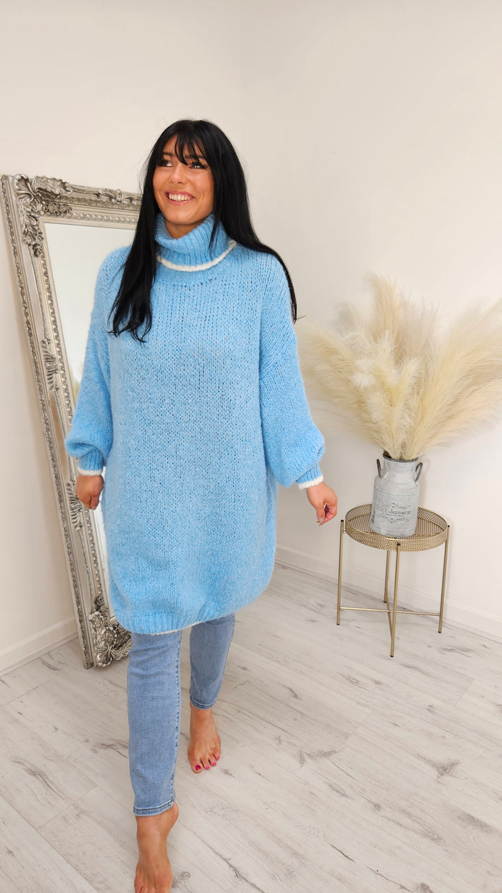 Arabella Roll Neck Jumper Dress - Blue (Curvy)