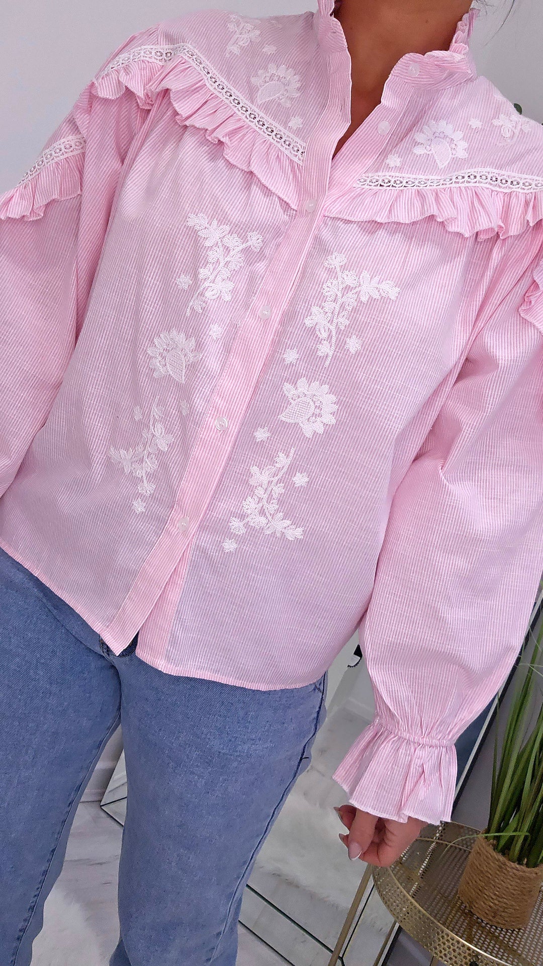 Floral Candy Pink Striped Frilled Blouse (choose your Size)