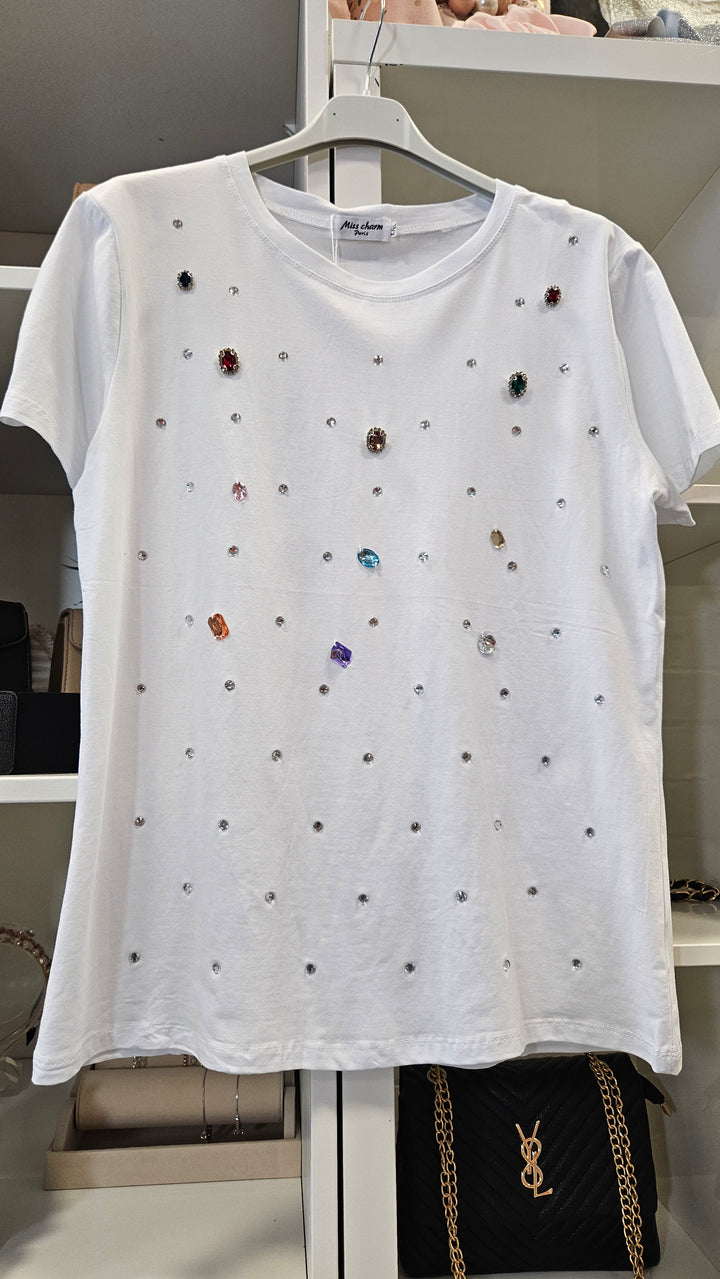 Jewelled Crystal Tee Shirt - White