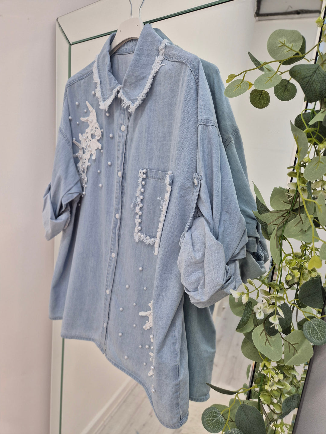 Darcy Denim Distressed Pearl Shirt (choose your Size)