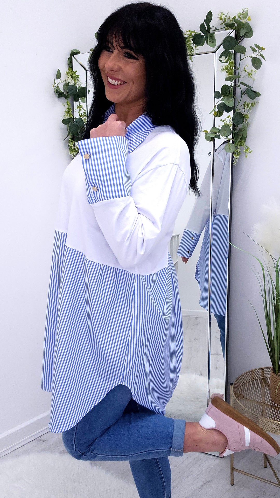 Lisa Layering Shirt (Stretch) - Blue/White Pinstripe