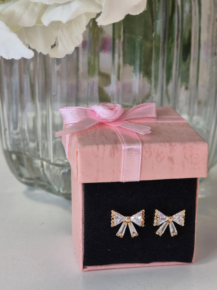 Bow Crystal Earrings - Gold Tone (Pierced)