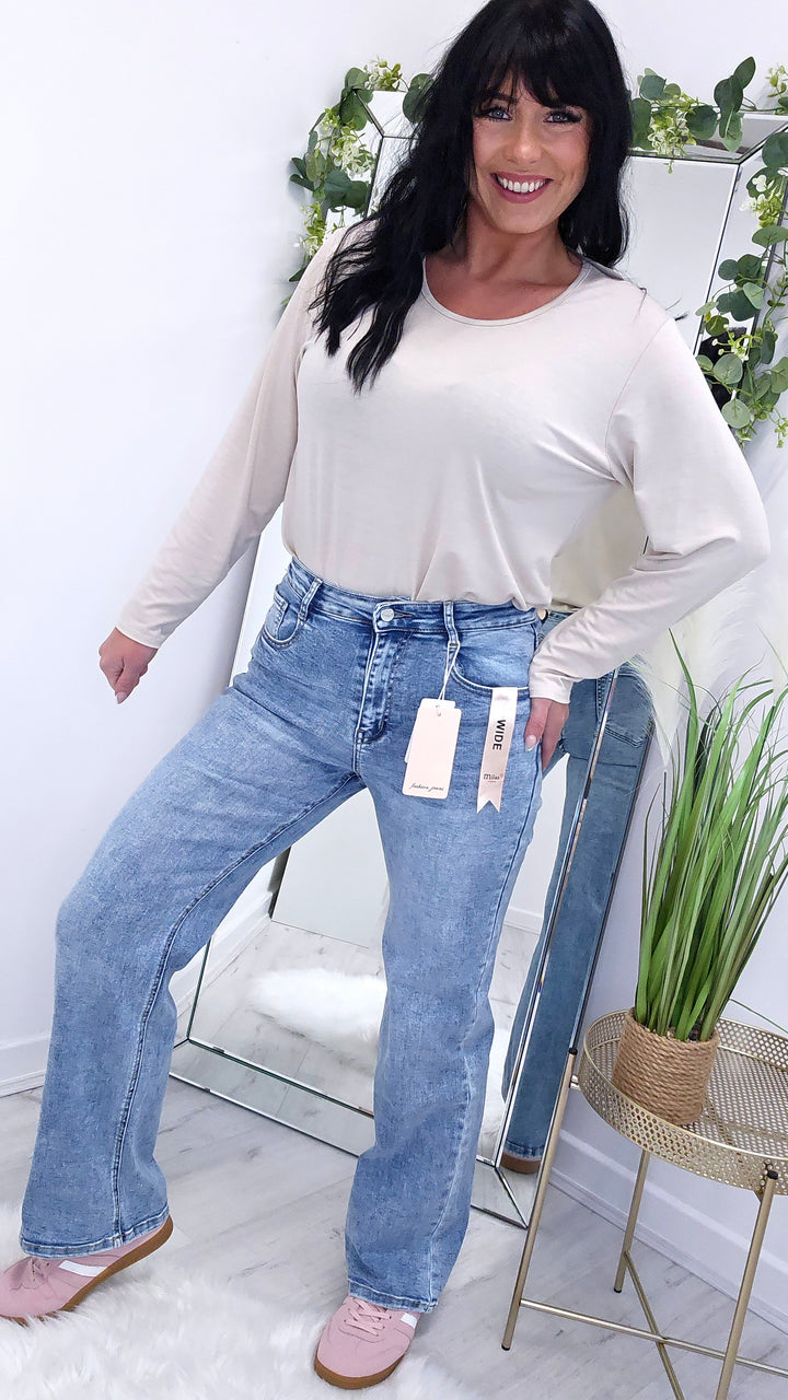 Milas Acid Wash Wide Leg Jeans - Pale Stonewash (choose your Size)