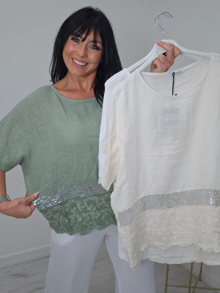 Sadie Floral Sequin Linen Top - ( Choose your colour )