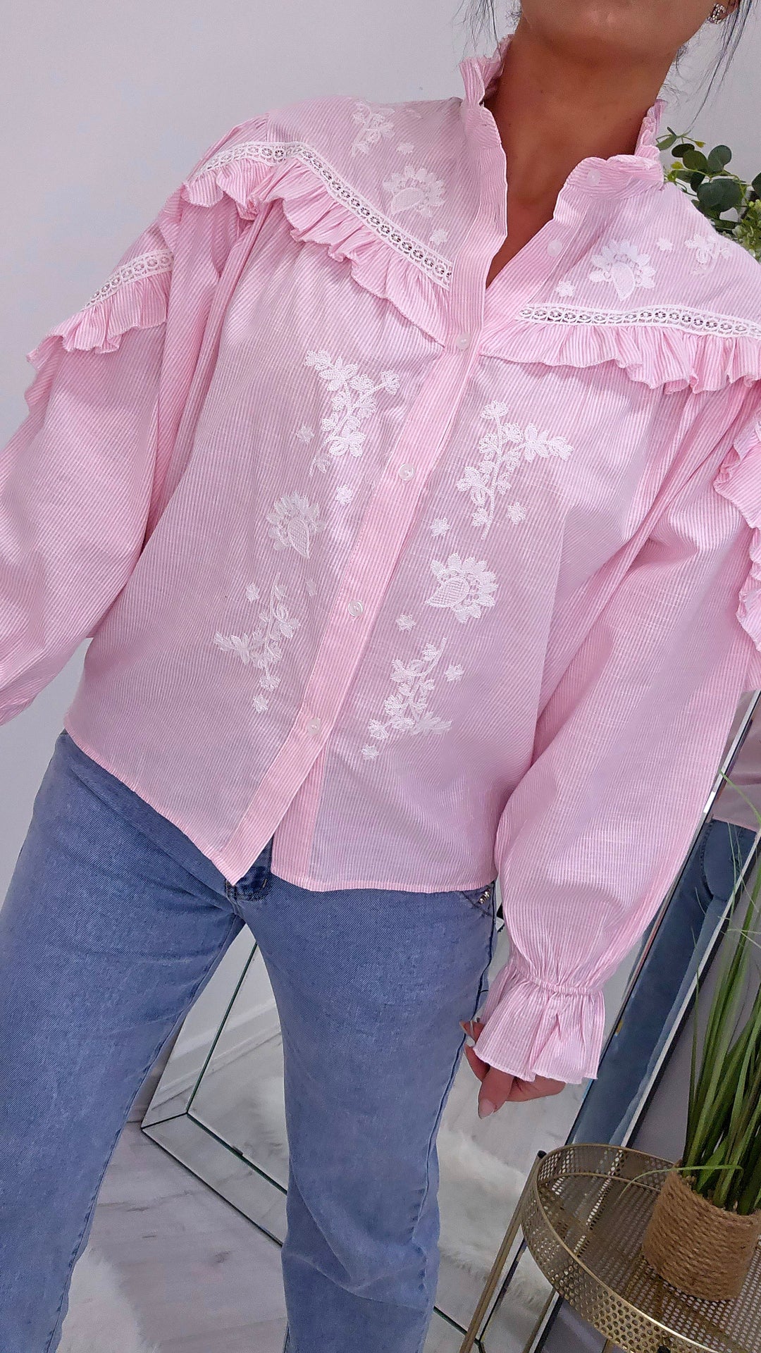 Floral Candy Pink Striped Frilled Blouse (choose your Size)