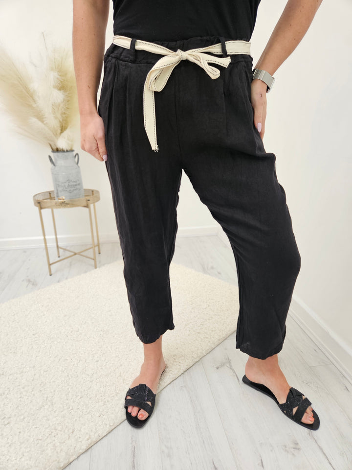 Bianca Linen Trousers with Canvas Belt - Black