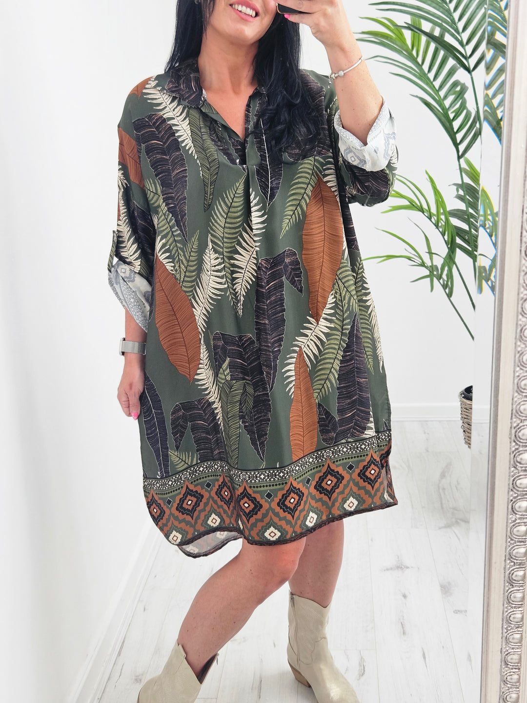 Laura Leaf Print Dress (choose your Colour) - Curvy