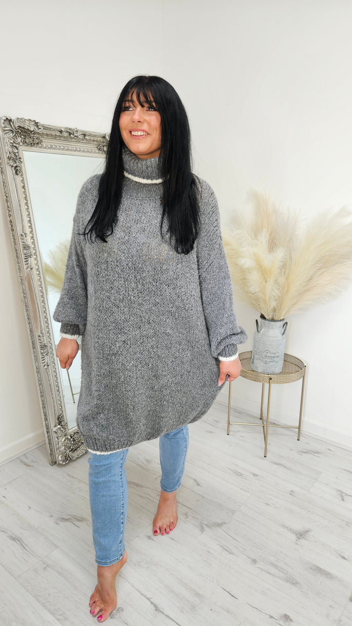 Arabella Roll Neck Jumper Dress - Grey (Curvy)