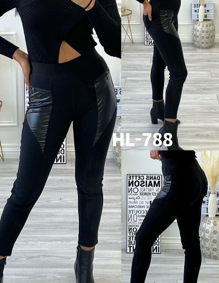 Faux Leather Panel Leggings - Black