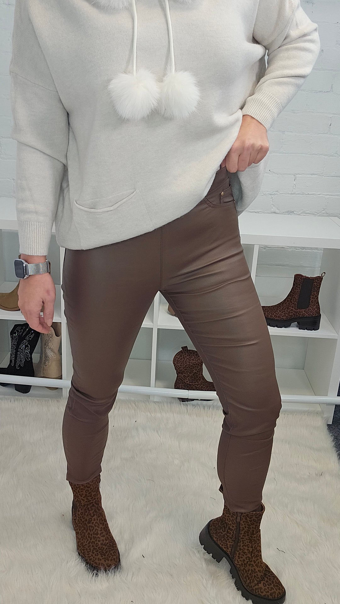 Emma Pull On PU Coated Leggings - Chocolate (choose your Size)