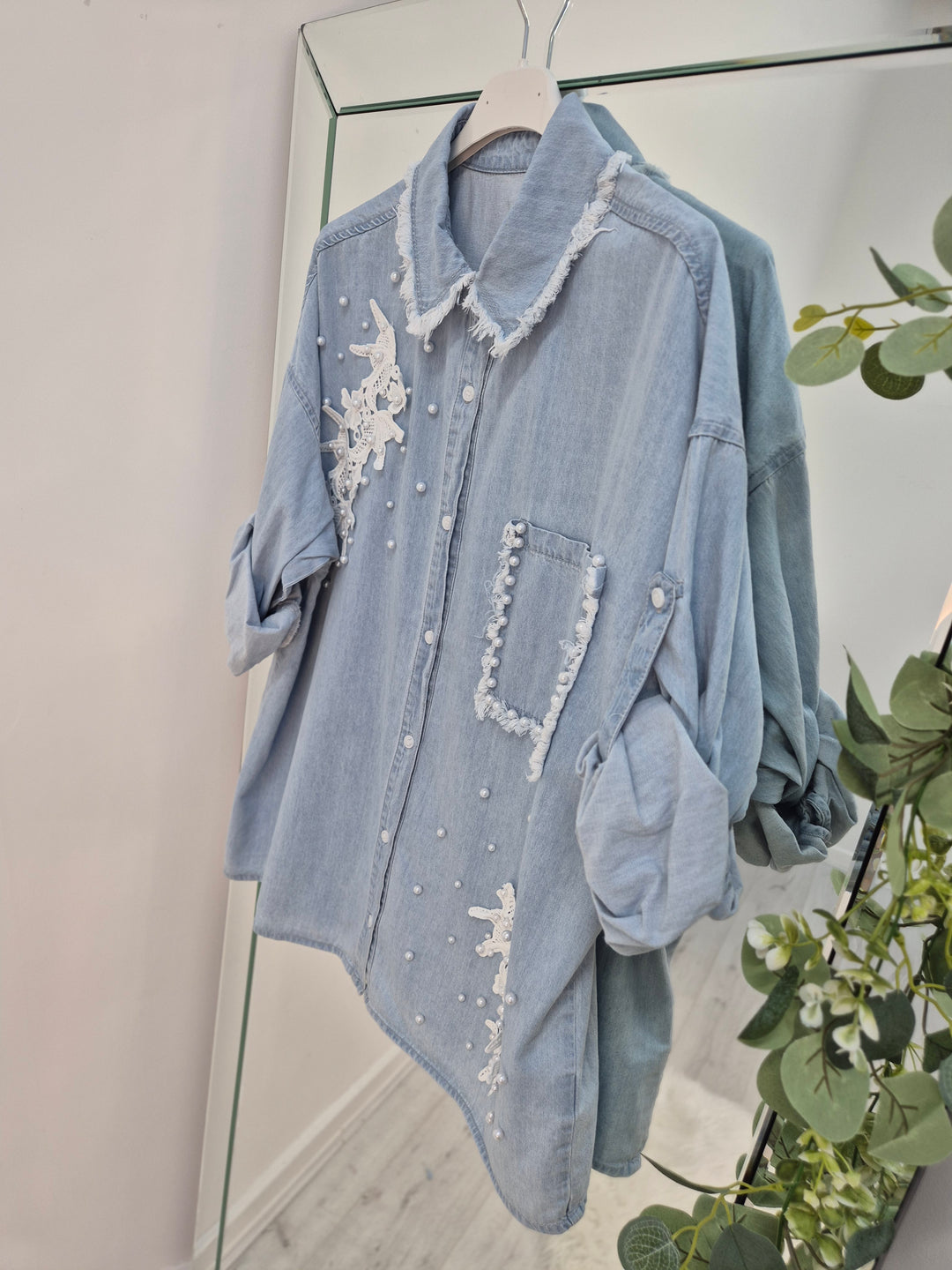 Darcy Denim Distressed Pearl Shirt (choose your Size)