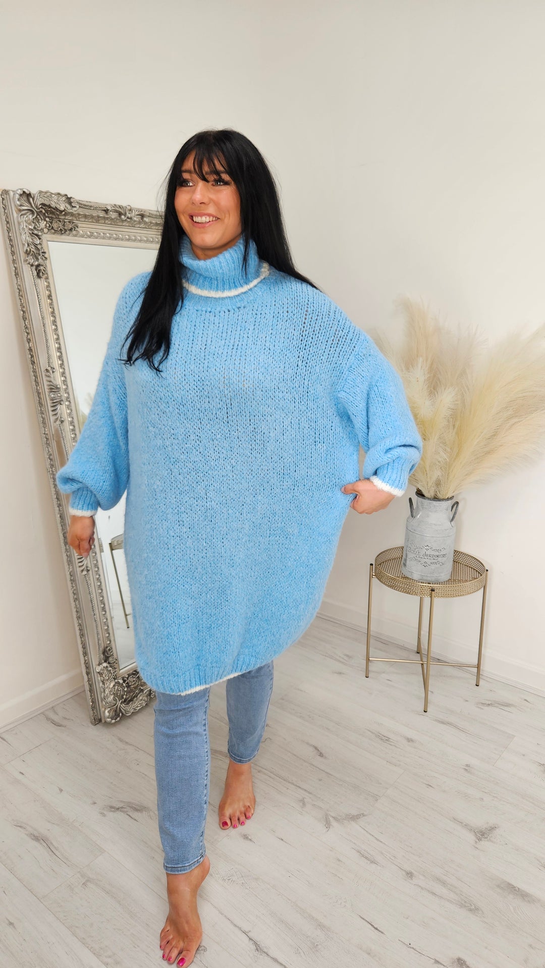 Arabella Roll Neck Jumper Dress - Blue (Curvy)