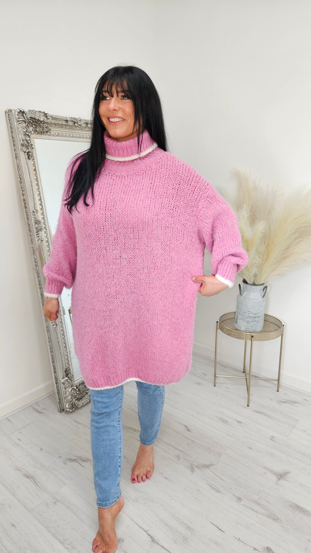 Arabella Roll Neck Jumper Dress - Pink (Curvy)