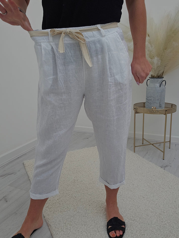 Bianca Linen Trousers with Canvas Belt - White