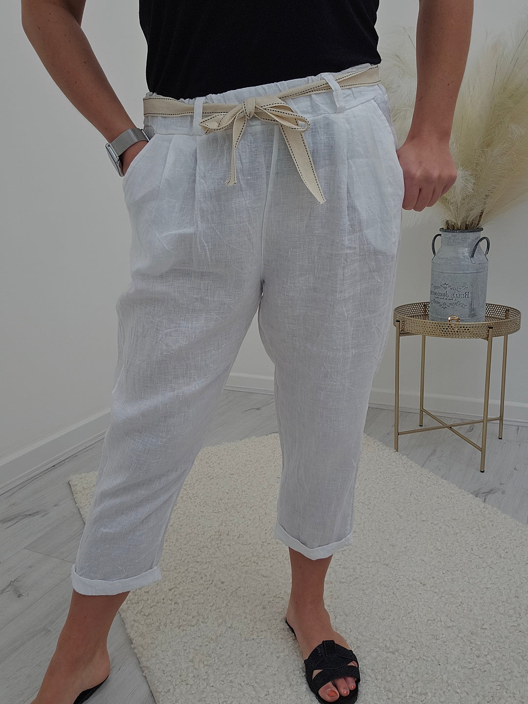 Bianca Linen Trousers with Canvas Belt - White