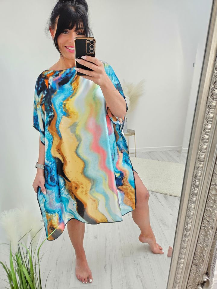 Portofino Silk Kaftan Dress - Turquoise Wave