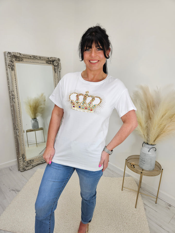 Crown Tee Shirt Multi Crystals - White (choose your Size)