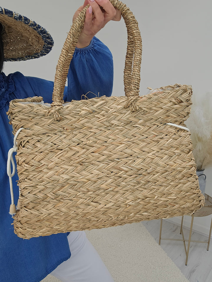 Ibiza Beach Bag - Raffia/Navy with Gold Discs