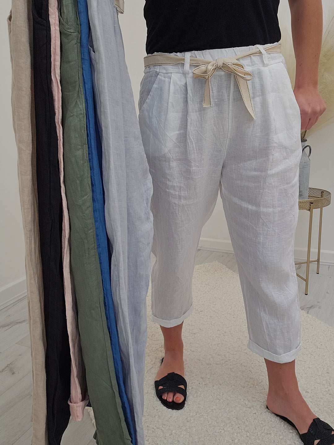 Bianca Linen Trousers with Canvas Belt - White