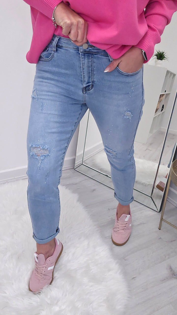 Crystal Ripped Mom Jeans (G Smack) - Pale Wash (choose your Size)