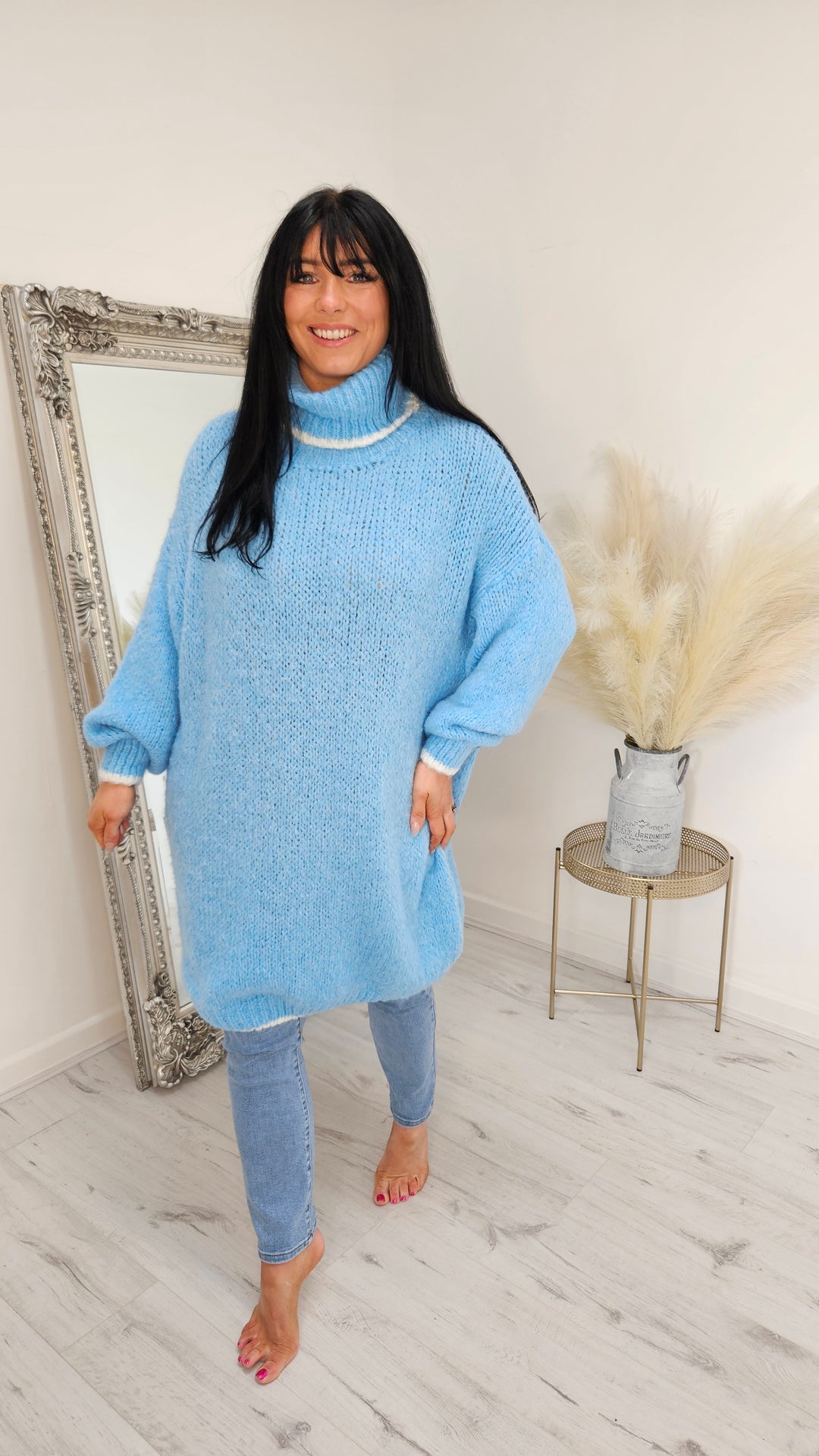 Arabella Roll Neck Jumper Dress - Blue (Curvy)