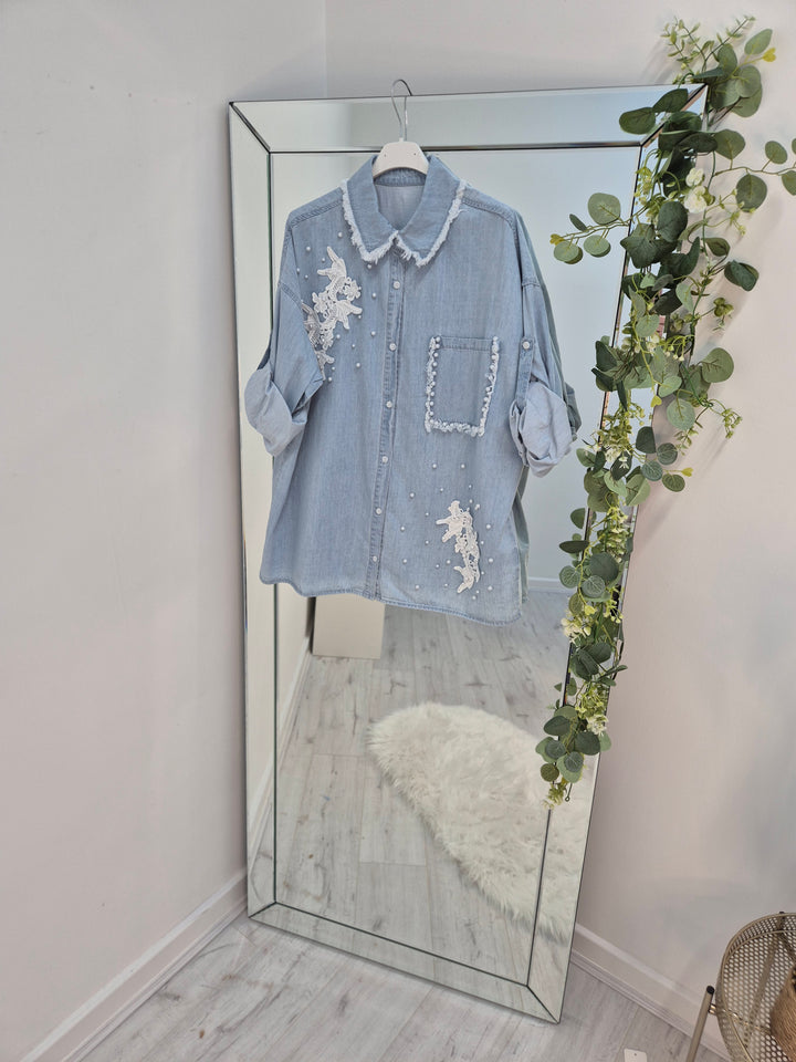 Darcy Denim Distressed Pearl Shirt (choose your Size)