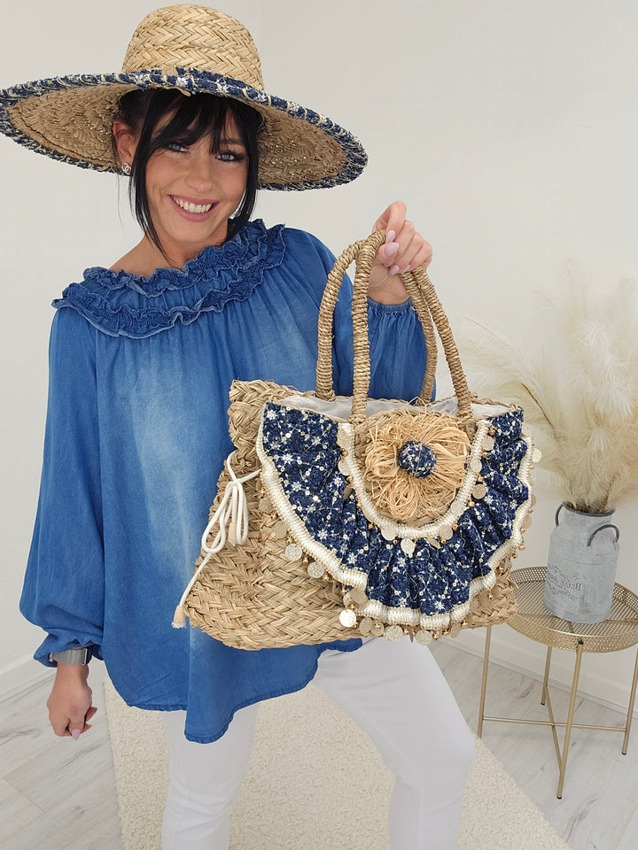 Ibiza Beach Bag - Raffia/Navy with Gold Discs