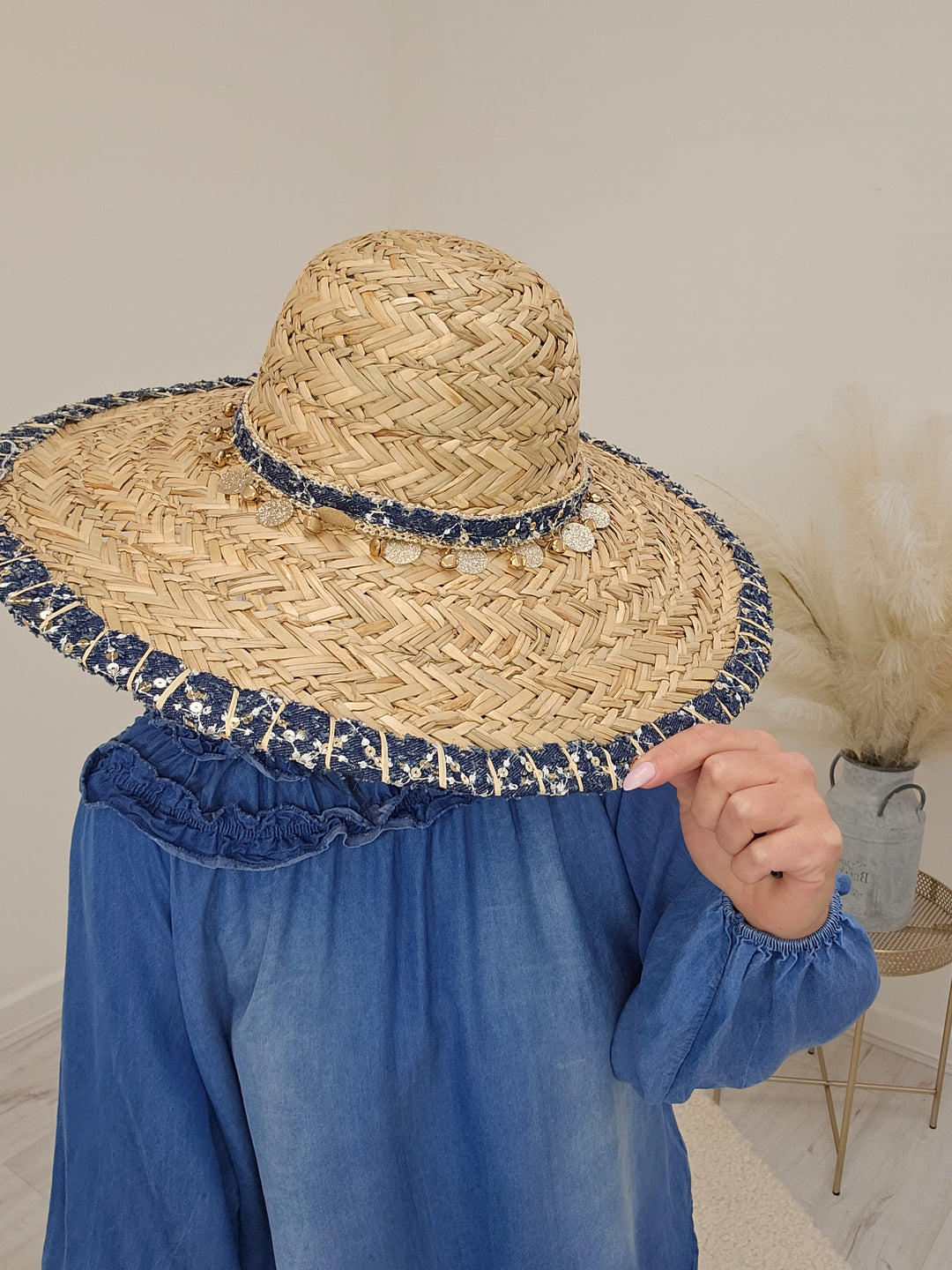 Ibiza Sun Hat - Raffia/Navy with Gold Discs