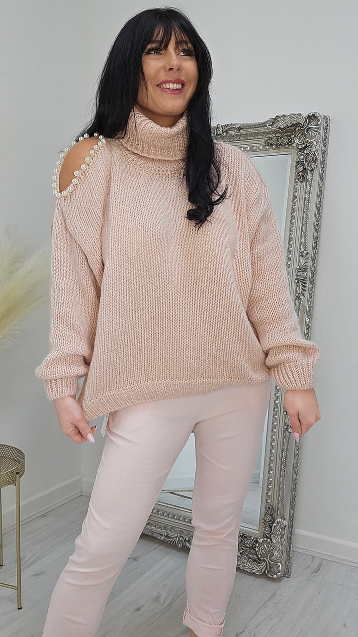 Pearly Diva Cold Shoulder Jumper - Dusky Pink