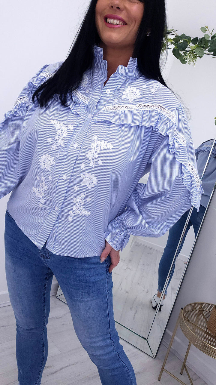 Floral Blue Striped Frilled Blouse (choose your Size)