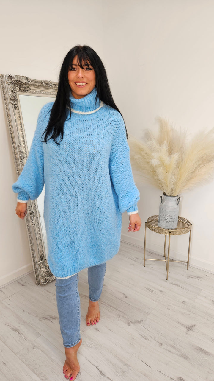 Arabella Roll Neck Jumper Dress - Blue (Curvy)