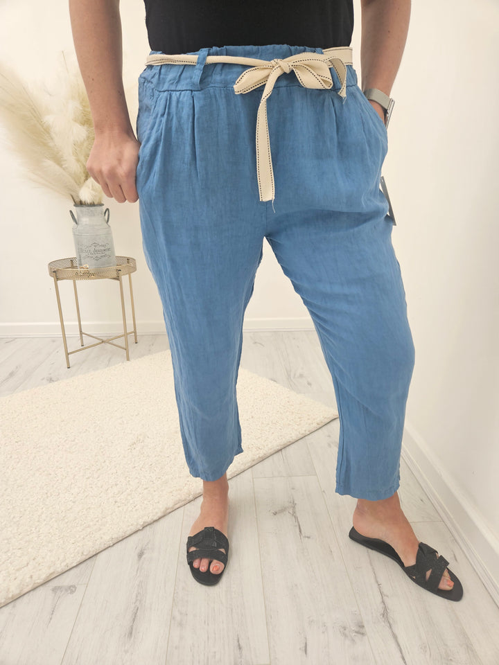 Bianca Linen Trousers with Canvas Belt - Denim Blue