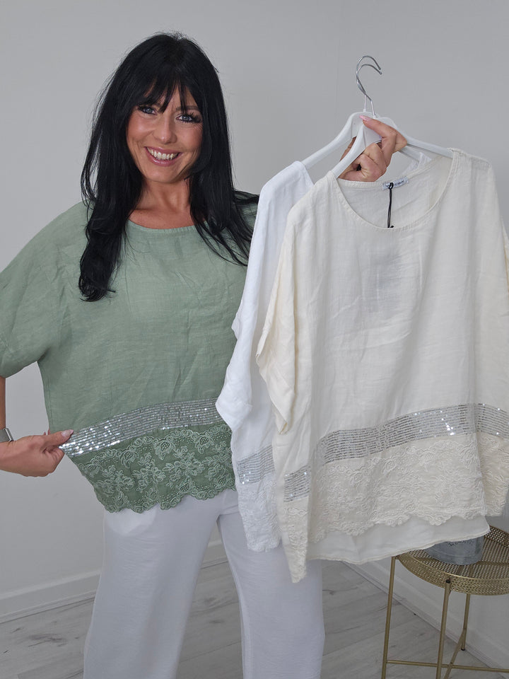 Sadie Floral Sequin Linen Top - ( Choose your colour )