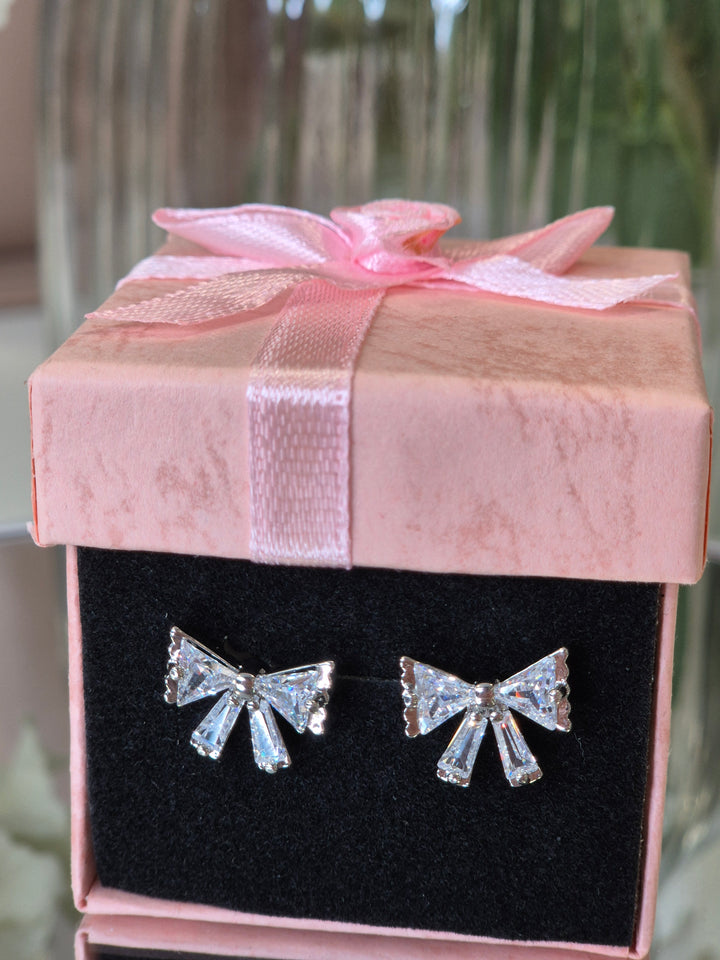 Bow Crystal Earrings - Silver Tone (Pierced)