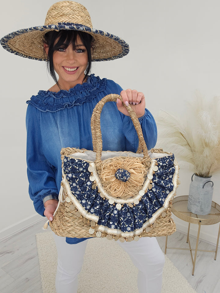 Ibiza Beach Bag - Raffia/Navy with Gold Discs