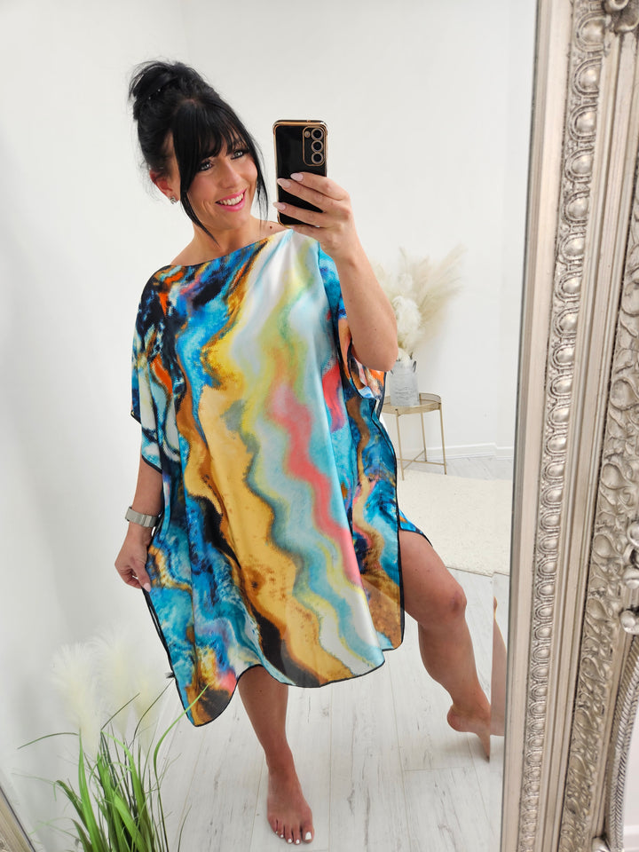 Portofino Silk Kaftan Dress - Turquoise Wave