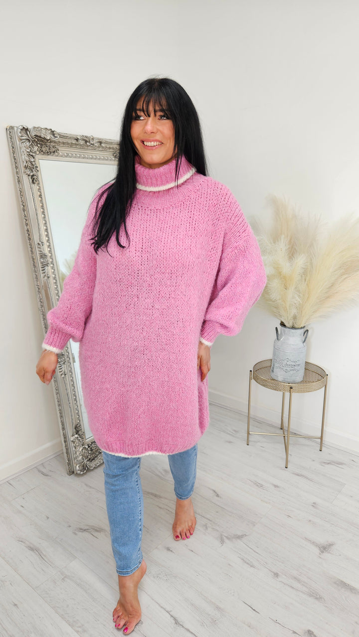 Arabella Roll Neck Jumper Dress - Pink (Curvy)