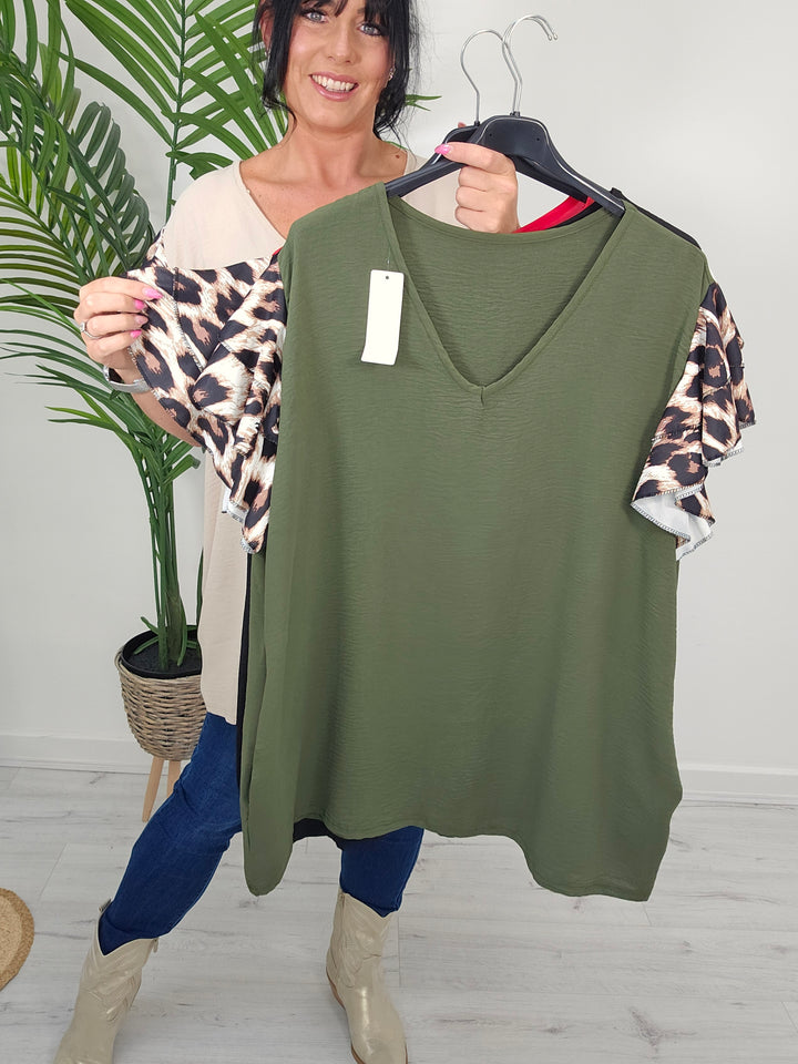 Connie Leopard Frill Sleeve Top - (choose your Colour)