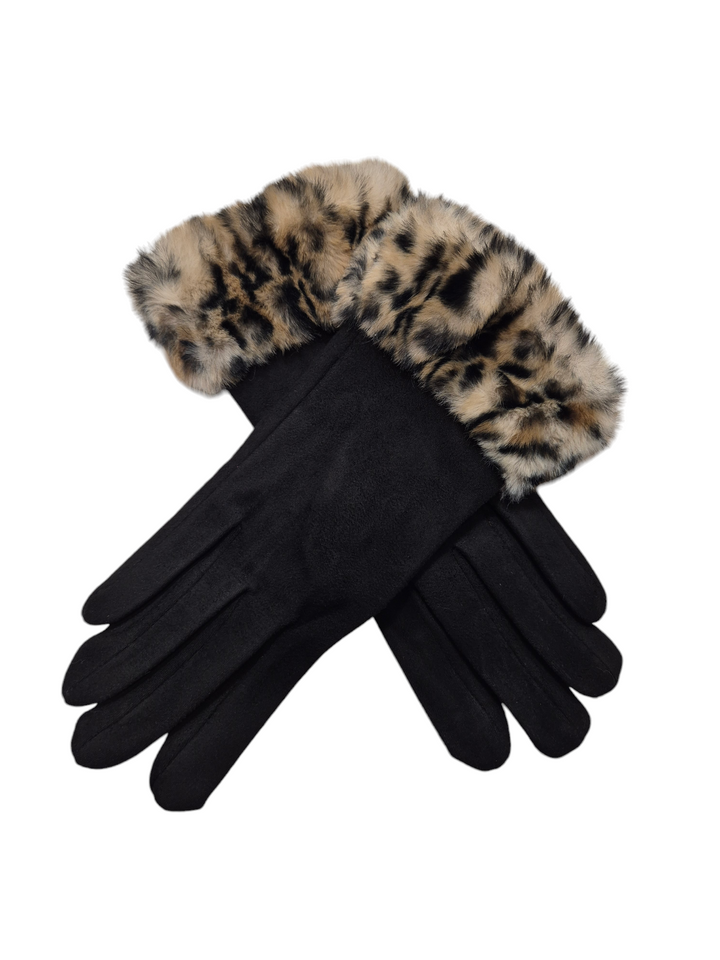 Oslo Leopard Faux Fur Gloves -  Black