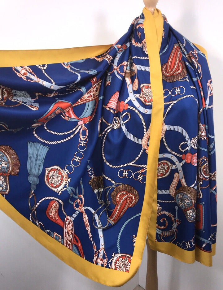 Tassel Chain Print Scarf - Blue & Yellow