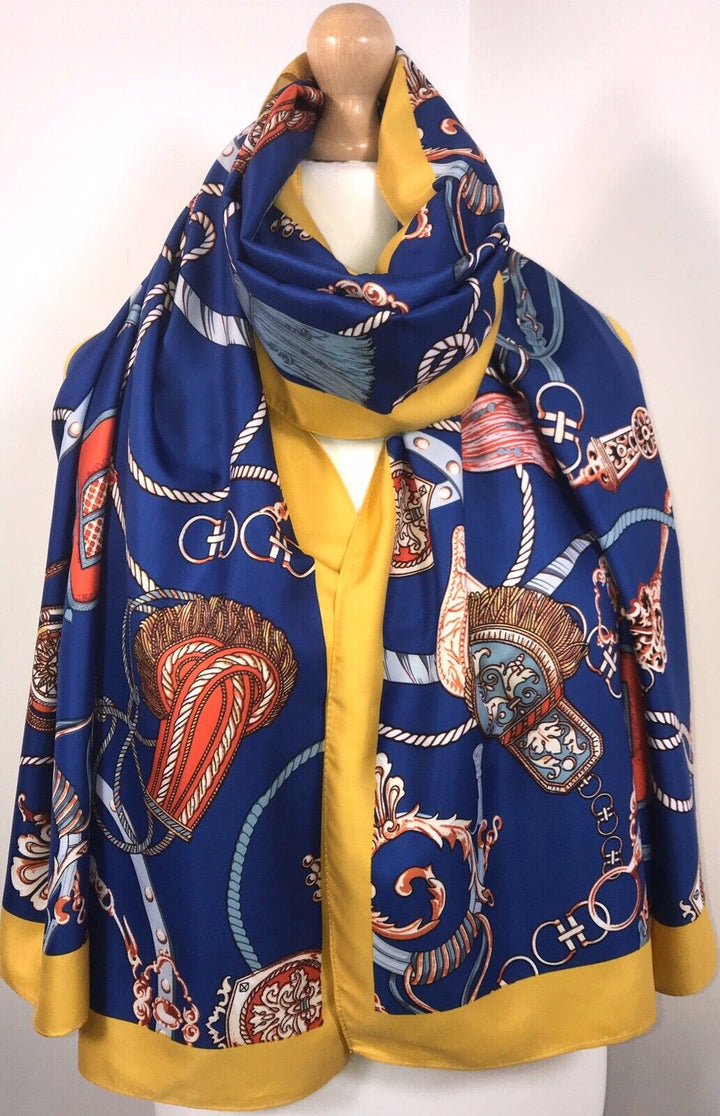 Tassel Chain Print Scarf - Blue & Yellow