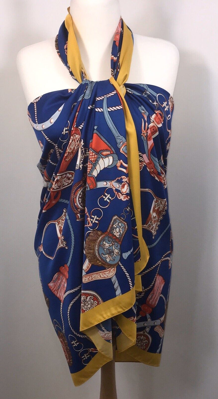 Tassel Chain Print Scarf - Blue & Yellow