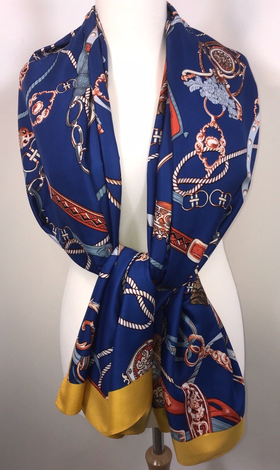 Tassel Chain Print Scarf - Blue & Yellow