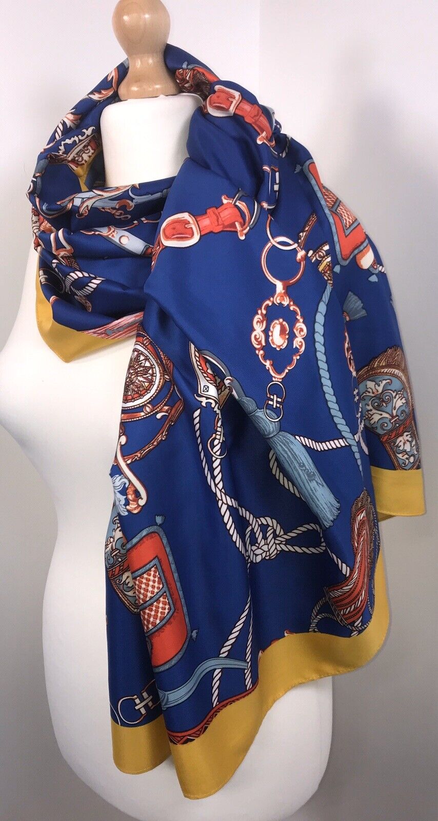 Tassel Chain Print Scarf - Blue & Yellow