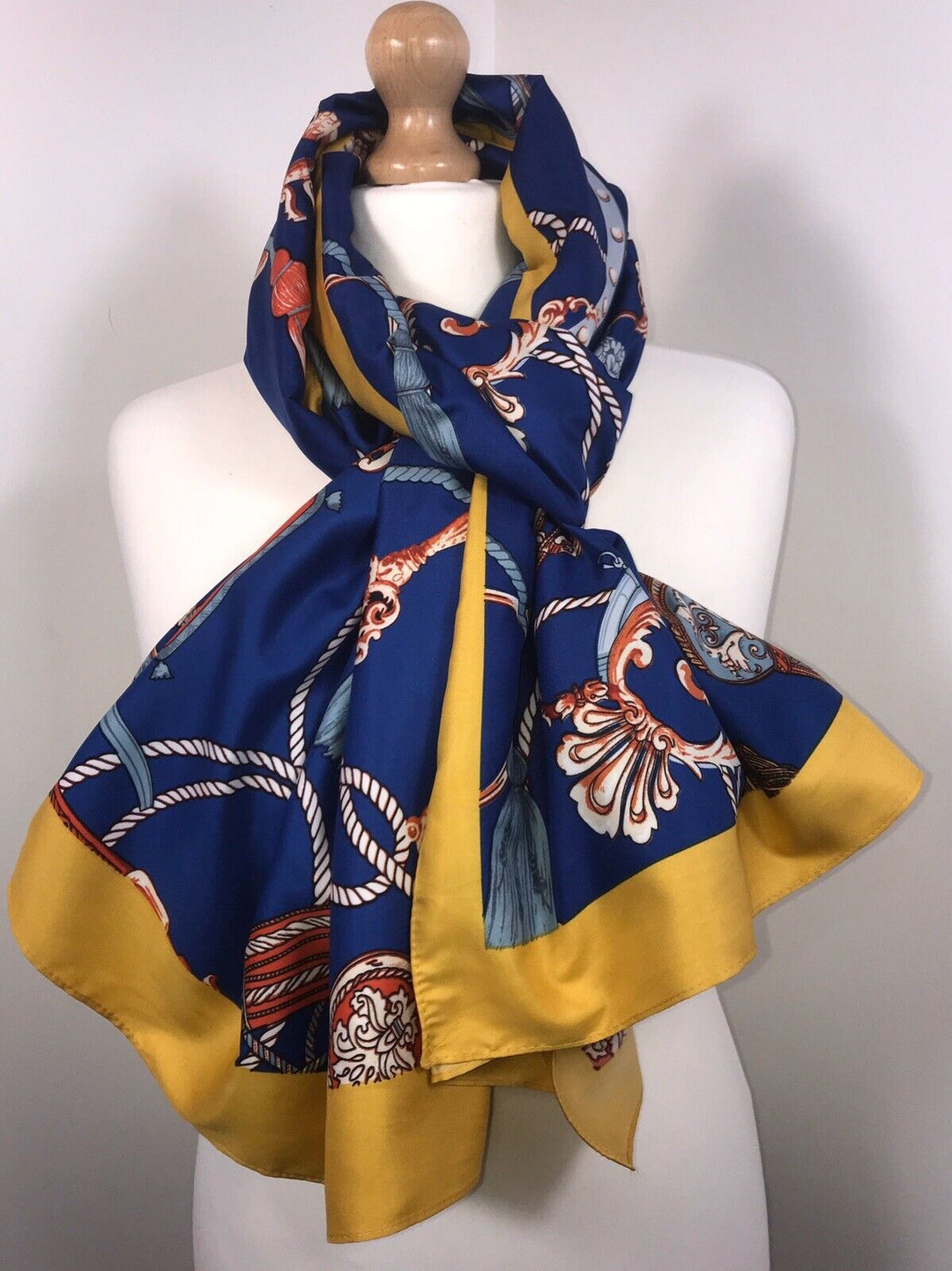 Tassel Chain Print Scarf - Blue & Yellow