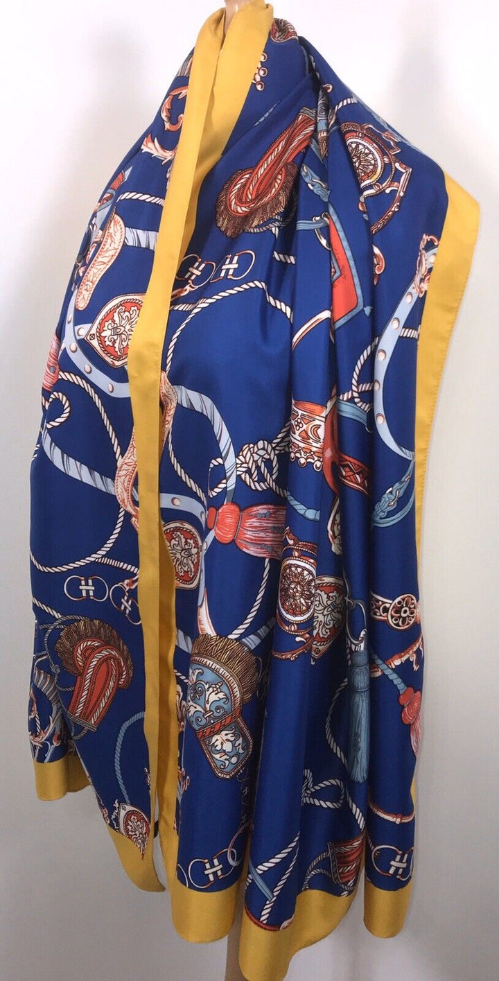 Tassel Chain Print Scarf - Blue & Yellow