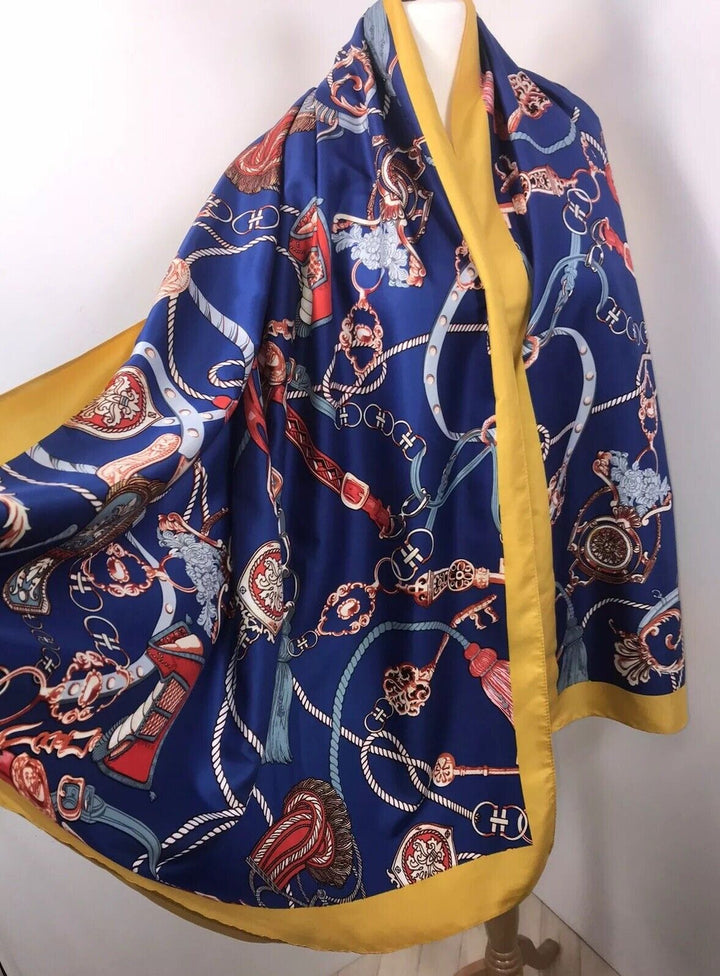 Tassel Chain Print Scarf - Blue & Yellow