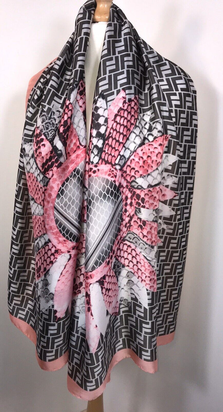 Snake and Feather Print Scarf - Pink & Black